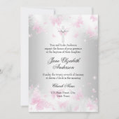 Roze Silver Butterfly Cross Baptisme Invite Kaart (Voorkant)