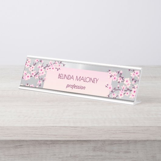 Roze Silver Cherry Blossom Bureau Naambordje (Voorkant)