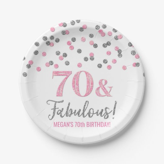 Roze Silver Confetti 70 en Fabulous Birthday Papieren Bordje (Voorkant)