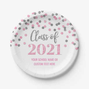 Roze Silver Confetti Afstuderen 2021 Papieren Bordje