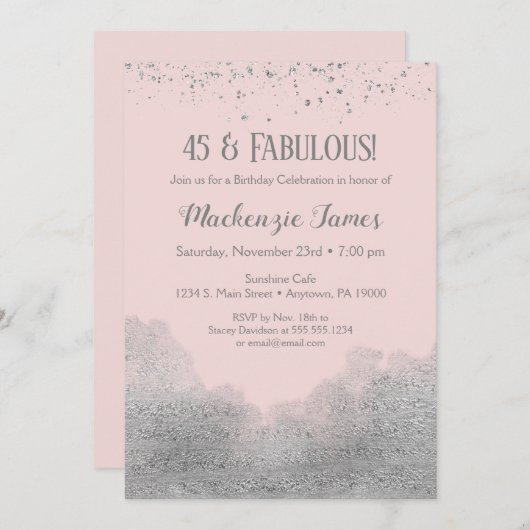 Roze Silver Confetti Birthday Uitnodiging (Voorkant / Achterkant)