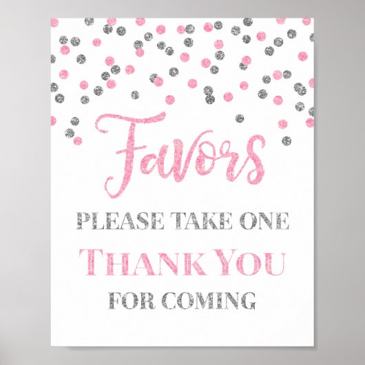 Roze Silver Confetti Favors Baby shower Sign Poster (Voorkant)