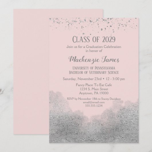 Roze Silver Confetti Graduation Party Invitation Kaart (Voorkant / Achterkant)