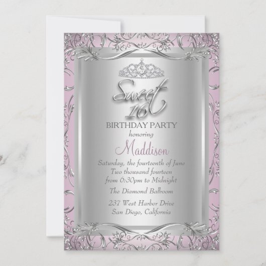 Roze Silver Damask Tiara Sweet 16 Uitnodiging (Voorkant)
