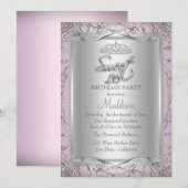 Roze Silver Damask Tiara Sweet 16 Uitnodiging (Voorkant / Achterkant)