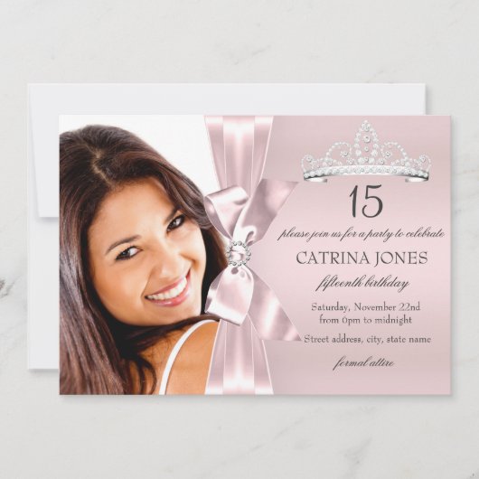 Roze Silver Diamond Bow & Tiara Quinceanera Invite Kaart (Voorkant)