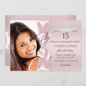 Roze Silver Diamond Bow & Tiara Quinceanera Invite Kaart (Voorkant / Achterkant)