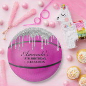 Roze Silver Drip Basketball Papieren Bordje (Feest)