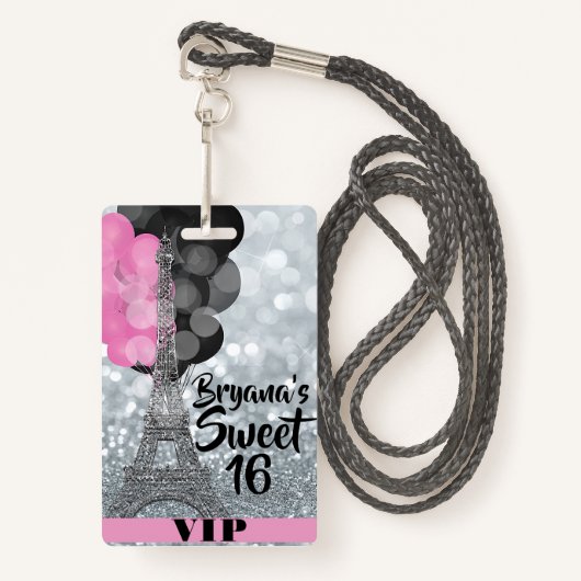 Roze Silver Eiffel Tower Balloons VIP Pass Badge (Voorkant met draagriem)