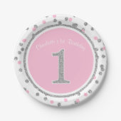 Roze Silver Faux Glitter Confetti 1st Birthday Papieren Bordje (Voorkant)