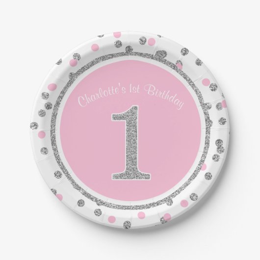 Roze Silver Faux Glitter Confetti 1st Birthday Papieren Bordje (Voorkant)
