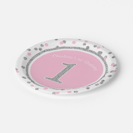 Roze Silver Faux Glitter Confetti 1st Birthday Papieren Bordje (Gekanteld)