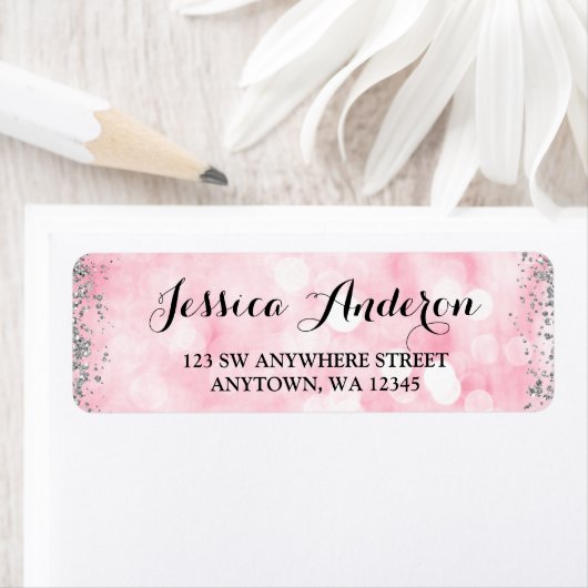 Roze Silver Faux Glitter Lights Return Address Etiket (Insitu)