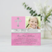 Roze, Silver First Heilige Communische Foto Uitnod Kaart (Staand voorkant)