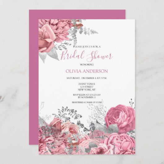 Roze Silver Floral Bridal Shower Kaart (Voorkant / Achterkant)