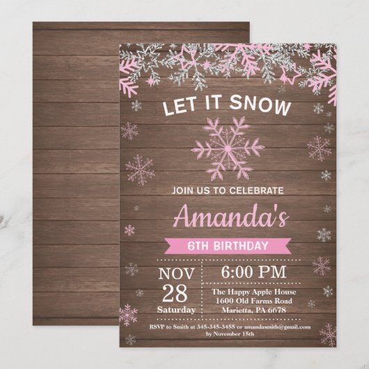 Roze Silver Girl Birthday in de winter Snowflake Kaart (Voorkant / Achterkant)