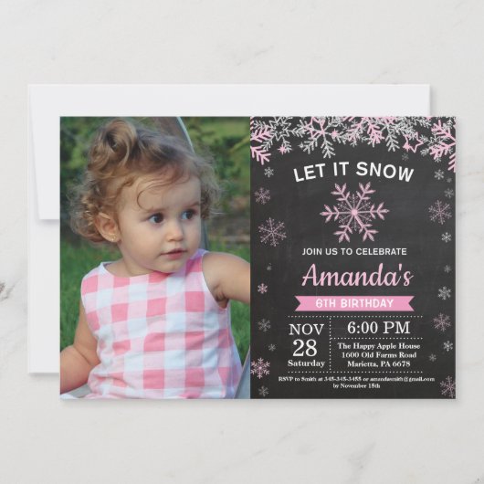 Roze Silver Girl Birthday in de winter Snowflake Kaart (Voorkant)
