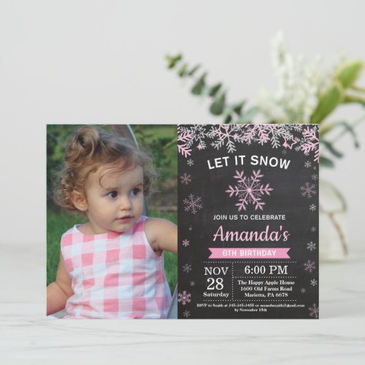 Roze Silver Girl Birthday in de winter Snowflake Kaart (Staand voorkant)