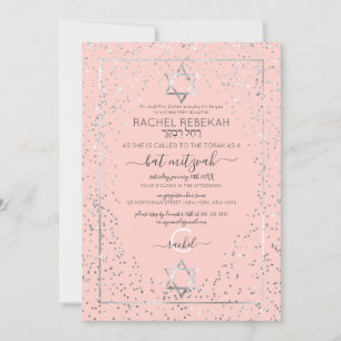 Roze Silver Glitter Confetti Border Bat Mitzvah Kaart