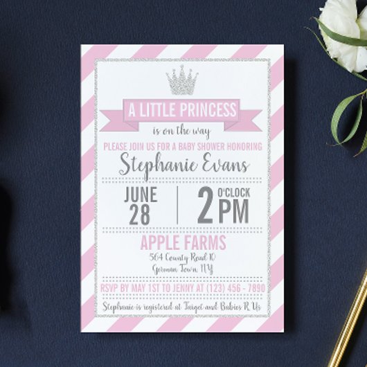 Roze Silver Glitter Princess Baby shower Invite Kaart