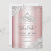 Roze Silver Glitter Princess Tiara Sweet 16 Invita Kaart (Voorkant)