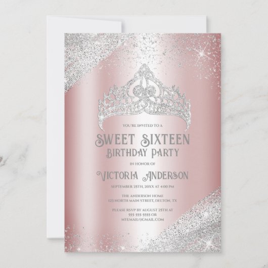 Roze Silver Glitter Princess Tiara Sweet 16 Invita Kaart (Voorkant)