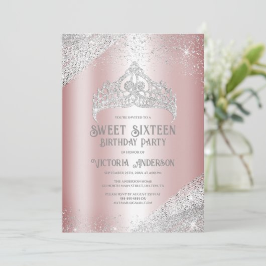 Roze Silver Glitter Princess Tiara Sweet 16 Invita Kaart (Staand voorkant)