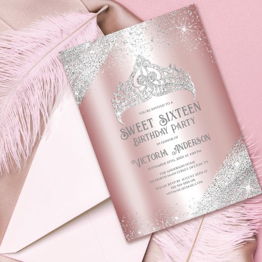 Roze Silver Glitter Princess Tiara Sweet 16 Invita Kaart