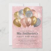 Roze Silver Gold Balloons Girl's 1e verjaardag Kaart (Voorkant)