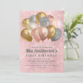 Roze Silver Gold Balloons Girl's 1e verjaardag Kaart (Staand voorkant)