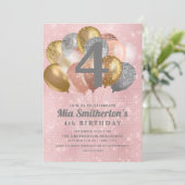 Roze Silver Gold Balloons Girl's 4e verjaardag Kaart (Staand voorkant)