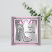Roze Silver Gray High Hiel Fleypartij Birthday Par Kaart (Staand voorkant)