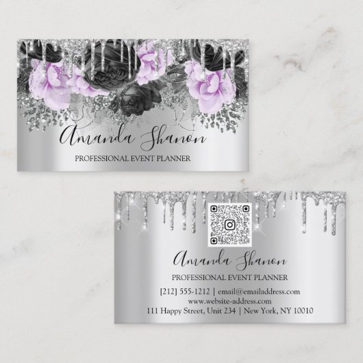 Roze Silver Grey Glitter Drip Logo Event Planner Visitekaartje (Voorkant / Achterkant)