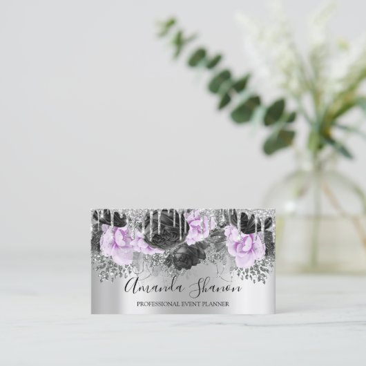 Roze Silver Grey Glitter Drip Logo Event Planner Visitekaartje (Staand voorkant)