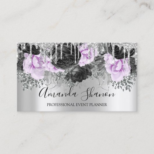 Roze Silver Grey Glitter Drip Logo Event Planner Visitekaartje (Voorkant)