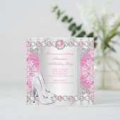 Roze Silver High Heels White Pearl Birthday Party Kaart (Staand voorkant)
