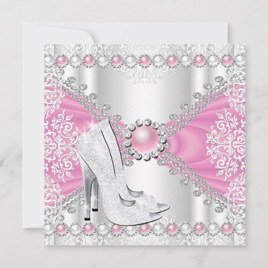 Roze Silver High Heels White Pearl Birthday Party Kaart (Achterkant)
