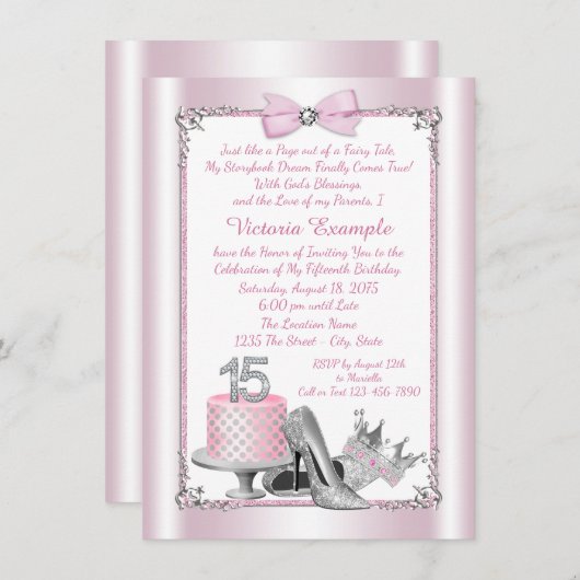 Roze Silver Quinceanera 15e verjaardag Uitnodiging (Voorkant / Achterkant)