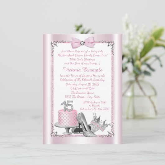 Roze Silver Quinceanera 15e verjaardag Uitnodiging (Staand voorkant)