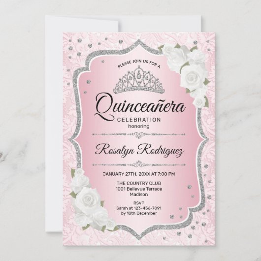 Roze Silver Quinceanera Uitnodiging (Voorkant)