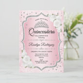 Roze Silver Quinceanera Uitnodiging (Staand voorkant)
