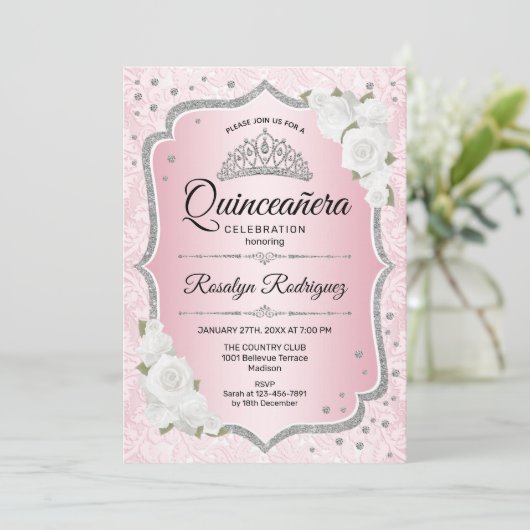 Roze Silver Quinceanera Uitnodiging (Staand voorkant)
