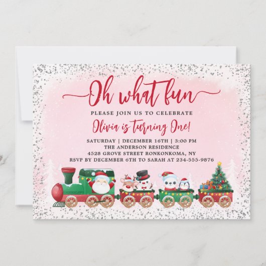 Roze Silver Santa Claus kersttrein Birthday Kaart (Voorkant)