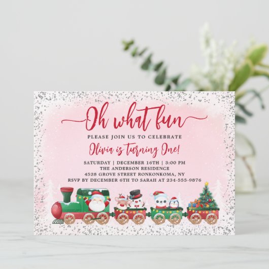 Roze Silver Santa Claus kersttrein Birthday Kaart (Staand voorkant)