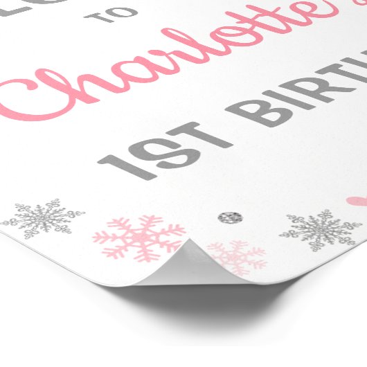 Roze Silver Snowflake Winter 1e verjaardag Poster (Hoek)