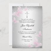Roze Silver Swirl Butterfly Cross Baptisme Invite Kaart (Voorkant)