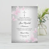 Roze Silver Swirl Butterfly Cross Baptisme Invite Kaart (Staand voorkant)