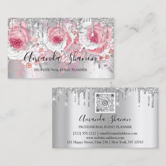Roze Silver White Glitter Drip Logo Event Planner Visitekaartje (Voorkant / Achterkant)