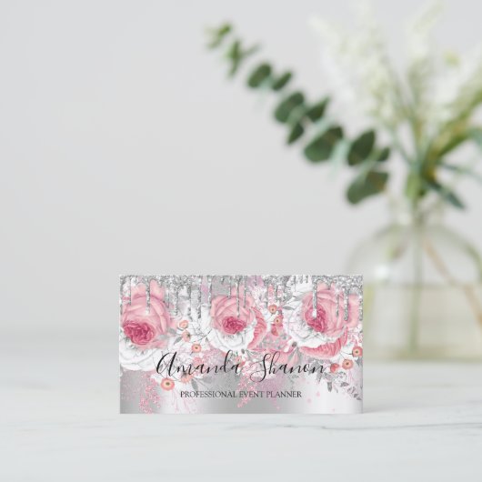 Roze Silver White Glitter Drip Logo Event Planner Visitekaartje (Staand voorkant)