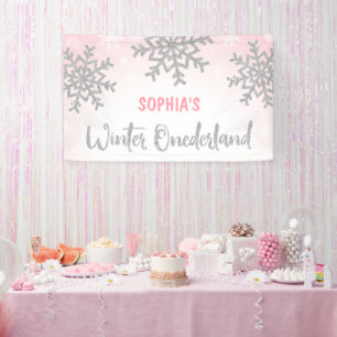 Roze Silver Winter ONEderland 1e verjaardag Spandoek